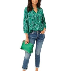J. Jill Satin Paisley Top Women’s Size XS Button Front Puff Sleeve Green Relaxed